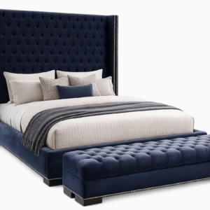 Luxury navy tufted wingback bed with bench