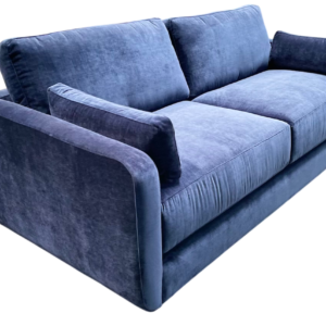 Blue velvet two-seater sofa on black background
