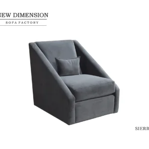 Gray upholstered modern armchair with throw pillow