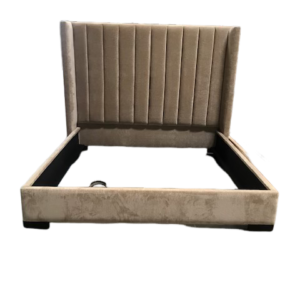 Beige velvet channel-tufted bed frame