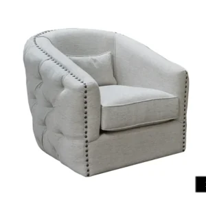 Light gray tufted armchair with nailhead trim