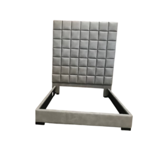 Gray upholstered bed frame with tufted headboard