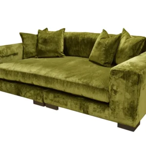 Green velvet sofa with matching cushions