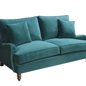 Teal upholstered two-seater sofa with pillows