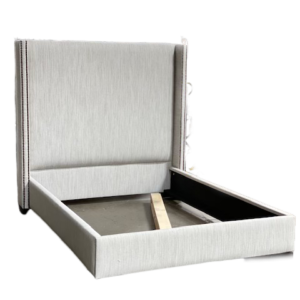 Upholstered beige bed frame with tall headboard