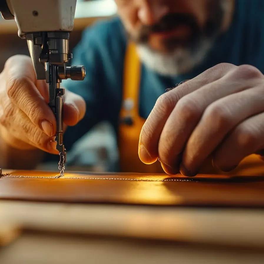 Close-up of hands sewing leather on machine