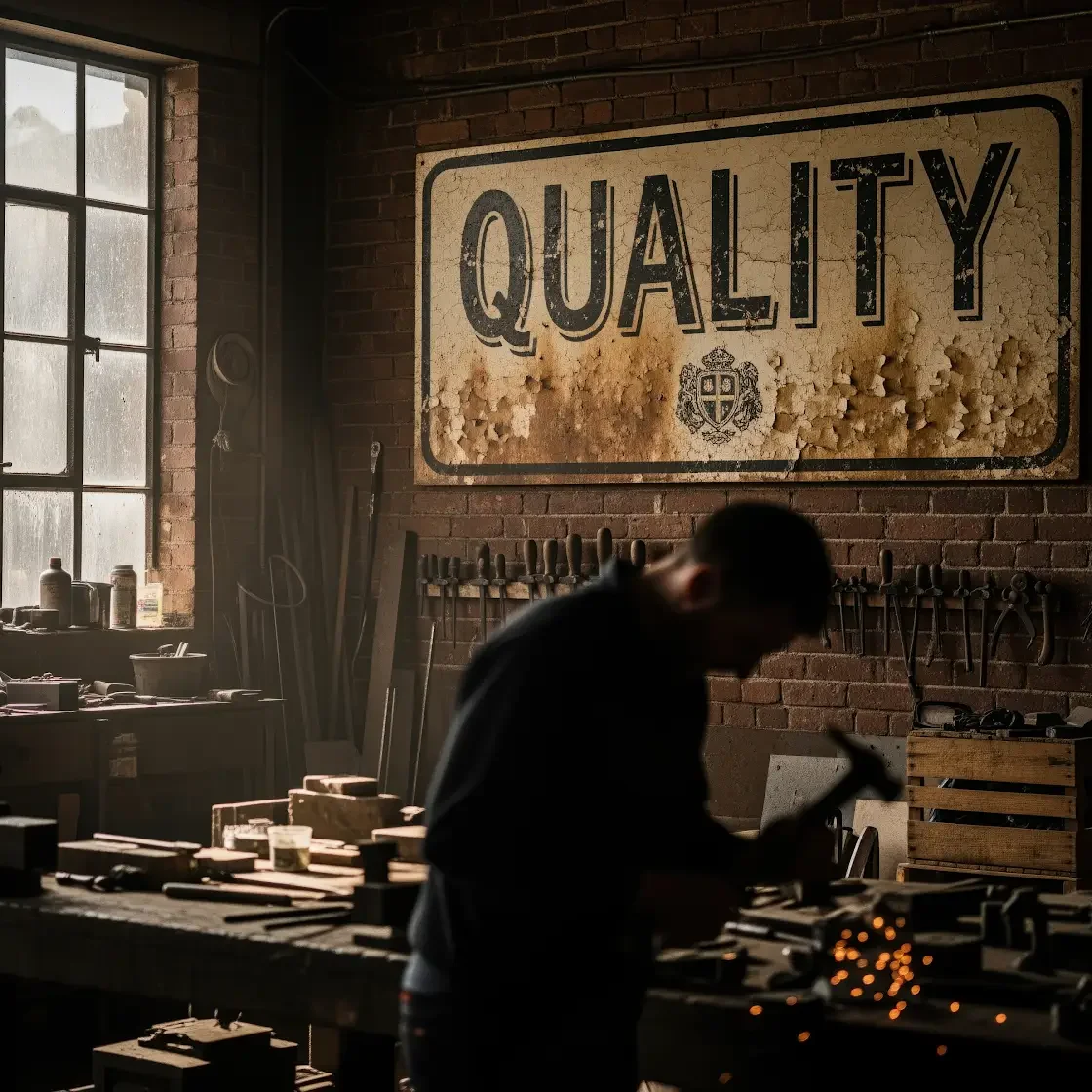 Workshop metalworker grinding sparks beneath 'QUALITY' sign